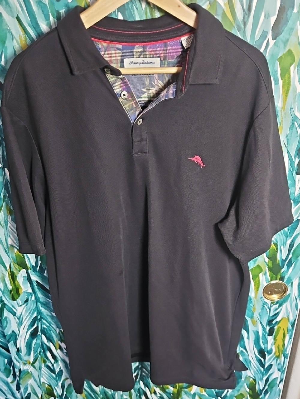 Tommy Bahama Men's Island Zone Black Polo Red Logo And Floral Inner Collar - XLT